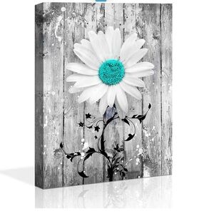 Decor for Bathroom - Floral Canvas Art with White and Blue Flower